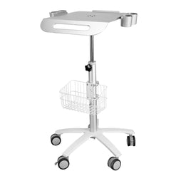Mobile cart with height-adjustable, lockable wheels and convenient basket