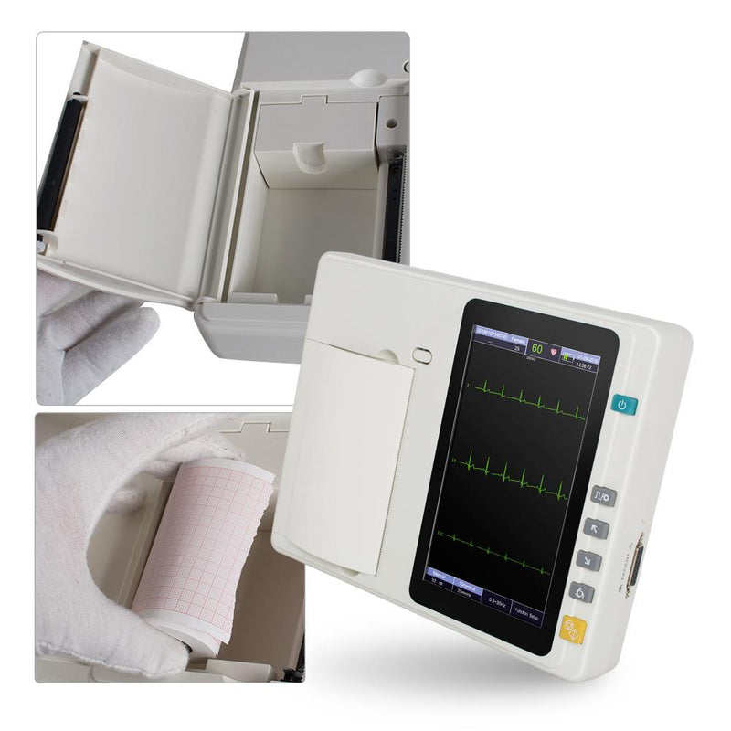 Portable 3-channel ECG machine with 12 lead electrodes, 7-inch touch screen LCD and digital color display
