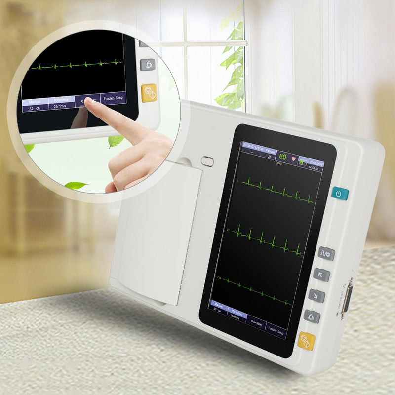 Portable 3-channel ECG machine with 12 lead electrodes, 7-inch touch screen LCD and digital color display