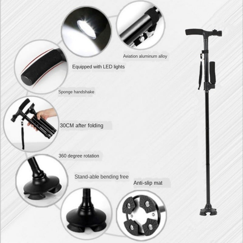 LED Folding Telescopic Cane Crutch Lightweight Safety